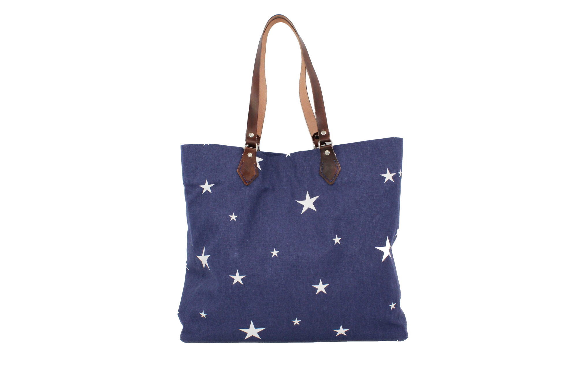 Cotton navy blue fabric bag with star motif and leather handlles