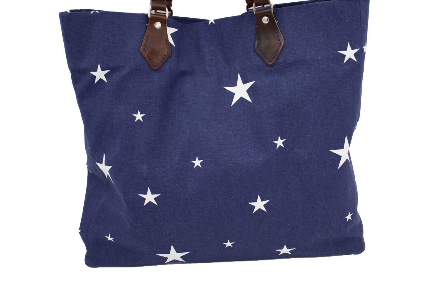 Navy tote bag with star motif and leather handles