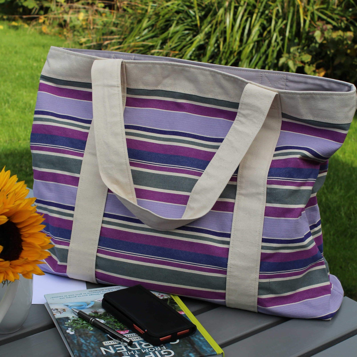 Extra large beach bag with purple stripe